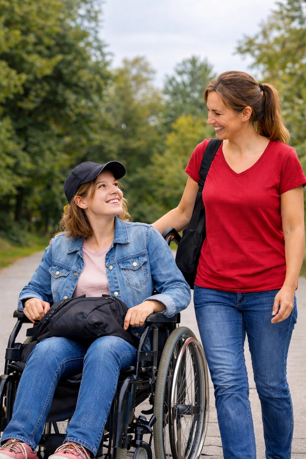 Hadzsi GbR - Assistenzdienstleistungen - Behindertes Mädchen sitzt im Rollstuhl, begleitet von einer Frau
