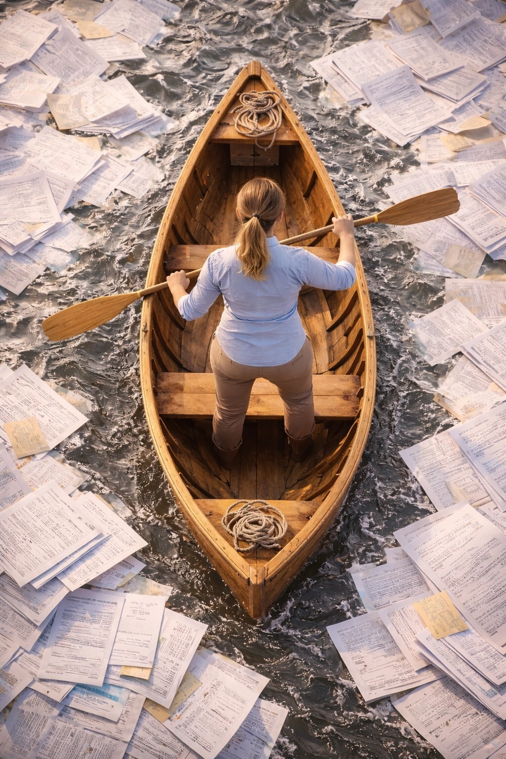 Hadzsi GbR - Assistenzdienstleistungen - Eine Frau rudert in einem Boot auf einem mit Dokumentenpapieren gefüllten Gewässer.