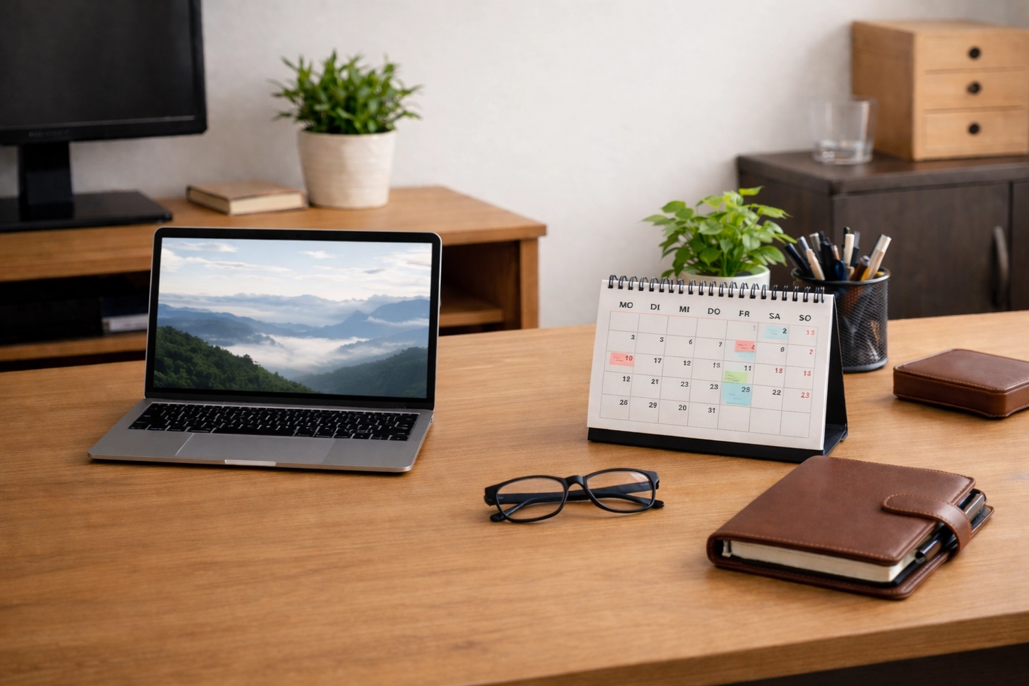 Hadzsi GbR - Assistenzdienstleistungen - Laptop, Brille, Tagebuch, Topfpflanze, Stifte und ein Kalender liegen auf einem Schreibtisch.